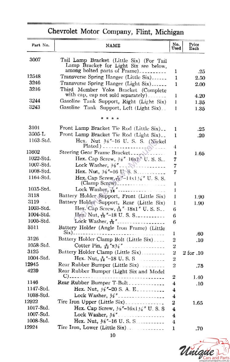 1912 Chevrolet Light and Little Six Parts Price List Page 59